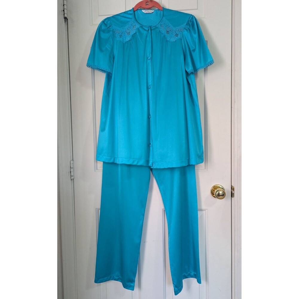 VTG Vanity Fair Nylon Pajama Set Womens Small Aqua Crochet Lace Trim S/S Retro